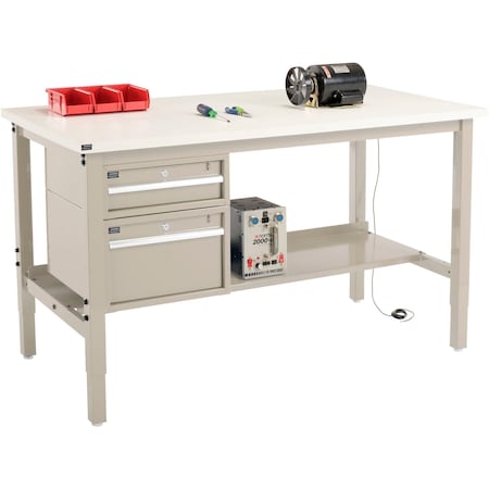 Global Industrial 96inW x 36inD Production Workbench, ESD Square Edge, Drawers & Shelf, Tan 319274TN